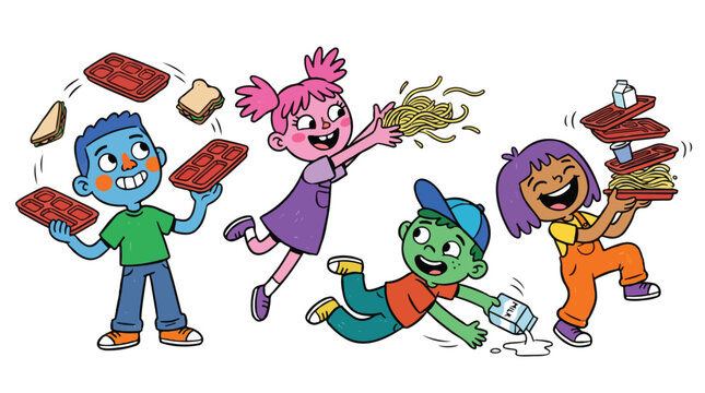 Four brightly colored cartoon children playfully throw sandwiches, juggle red cafeteria trays, and slip on spilled milk in a chaotic food fight