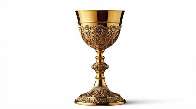 Ornate golden chalice cup with intricate carvings. Ceremonial goblet rests on white background. Medieval religious artifact used for wine or holy communion.