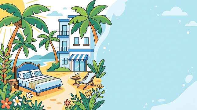 Tropical beach resort hotel with bed and lounge chair under sun