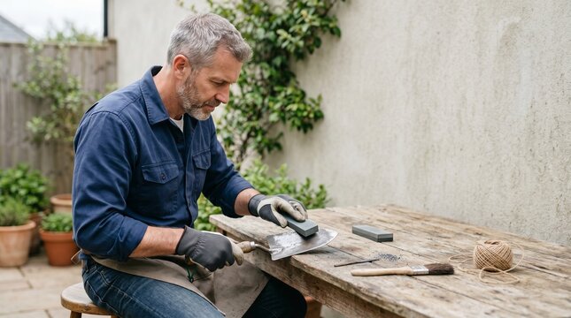 Older man sharpening garden tools while sitting at wooden table outdoors  