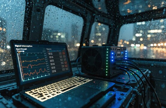 Mobile signal interception and surveillance equipment with rugged laptop showing frequency data charts inside vehicle on rainy night