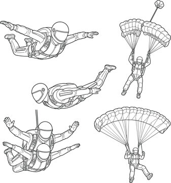 Skydiving vector coloring page set for extreme sports poster with parachute jumper line art editable outline