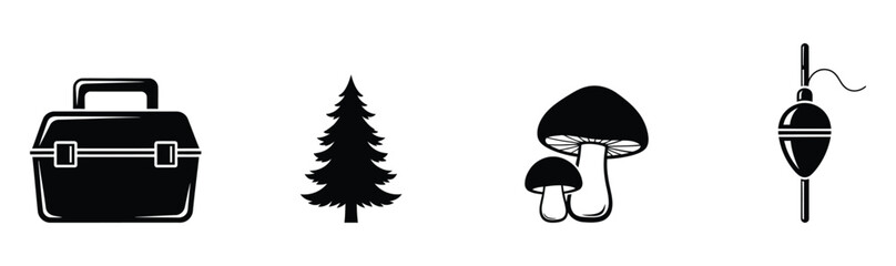 Camping and fishing icons with lunchbox tree mushrooms and float © Graphory