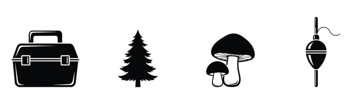Camping and fishing icons with lunchbox tree mushrooms and float