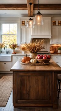 Modern farmhouse kitchen with autumn decor