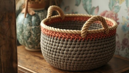 Obraz premium Woven storage basket with rope handles on a wooden table
