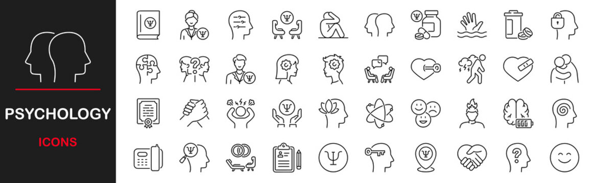 Psychology icon set. Containing session, psychoanalysis, mind, depression, anxiety, stress, mental care, empathy, loneliness, bipolar, psychology symbol, panic, and more. Vector illustration