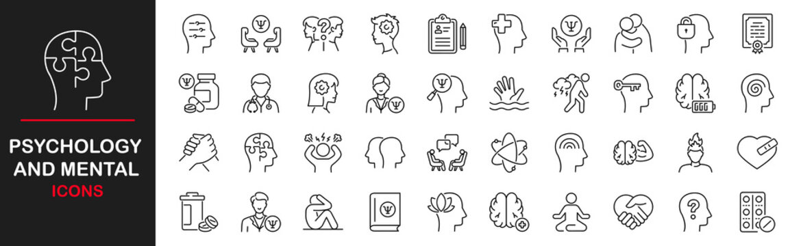 Psychology and mental icons set. Containing depression, anxiety, stress, mental care, empathy, loneliness, bipolar, PTSD, psychology symbol, panic, mind disorder and more. Vector illustration