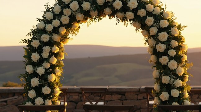 Outdoor wedding floral arch with white roses and green leaves. Ceremony setup with chairs on stone wall. Beautiful natural mountain landscape background during sunset golden hour.