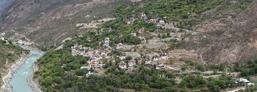 Aerial panorama of Suopo Ancient Watchtowers and Tibetan village in Danba, Sichuan, China