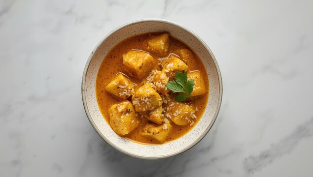 Curry with tofu and coconut garnish in a bowl