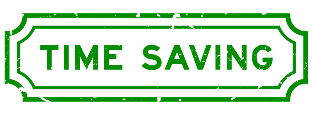 Grunge green time saving word rubber seal stamp on white background