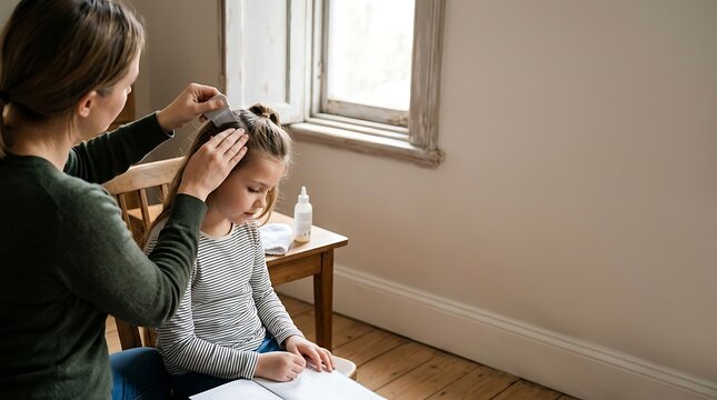 Mother checking her daughter for head lice with a comb at home