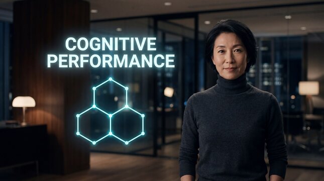 Confident middle-aged Asian woman standing beside a glowing cognitive performance hologram in a modern office