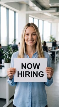 Young caucasian woman holding a now hiring sign smiling in a modern open office