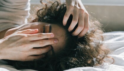 Naklejka premium A person with curly hair lies in bed, partially covering their face with one hand, appearing tired or contemplative in soft morning light.
