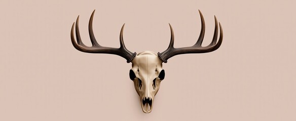 Fototapeta premium Animal skull featuring prominent curved antlers displayed on a soft beige backdrop, perfect for nature-themed marketing.