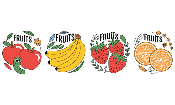 Colorful collection of hand drawn fruits featuring bright red apples yellow bananas ripe strawberries and sliced oranges with cute worm