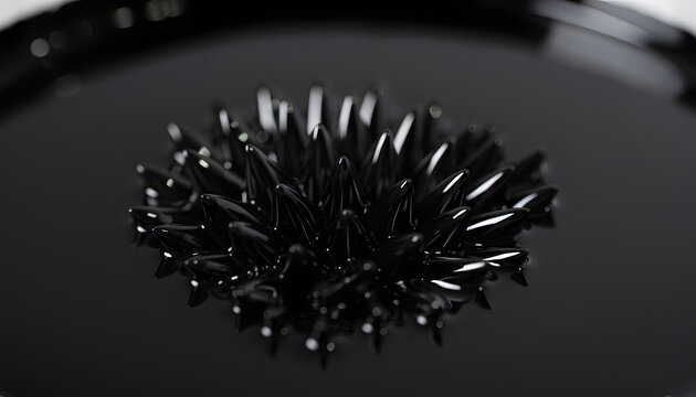 Extreme macro of black ferrofluid forming sharp magnetic spikes under a magnetic field. Symbolizes advanced physics and unseen forces, highly effective for STEM education articles and sci-fi covers