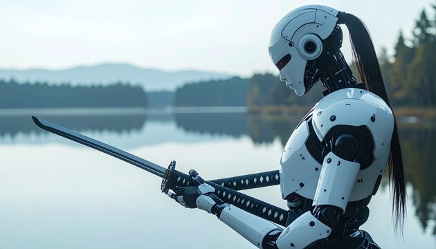 Cyborg warrior with katana contemplates by serene lake, mountains backdrop.