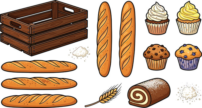 Fresh Bakery Product Clipart Vector Set with French Baguettes Wooden Crate Cupcakes Muffins Sweet Swiss Roll and Wheat Ear for Pastry Menu Designs
