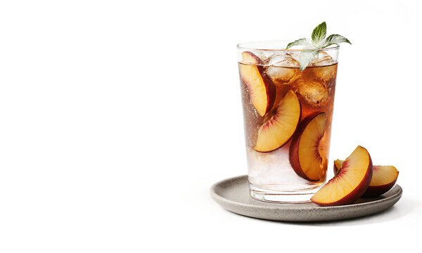 Peach iced tea refreshment in a glass with fruit slices and mint garnish cut out on a transparent background