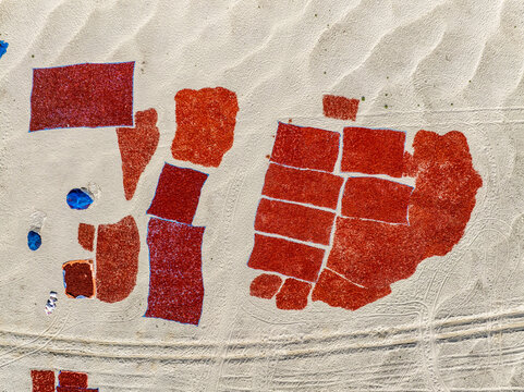 Aerial view of vibrant red chili peppers spread out to dry on the sandy riverbed with ripples in the sand and blue tarps Bogura, Rajshahi Division, Bangladesh.