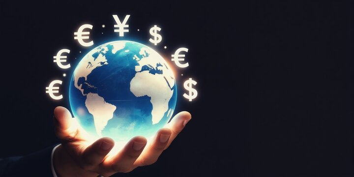 Hand holds glowing earth with currency symbols around. Represents global finance, money exchange, and international business transactions. Worldwide payment system concept.