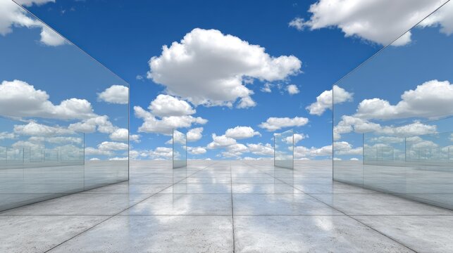 Infinite parallel reflective planes create an illusion of endless depth under a bright summer sky.