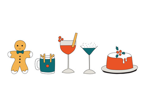 Christmas Food and Drinks Icons &mdash; Pudding, Mulled Wine, Cocktails, Gingerbread