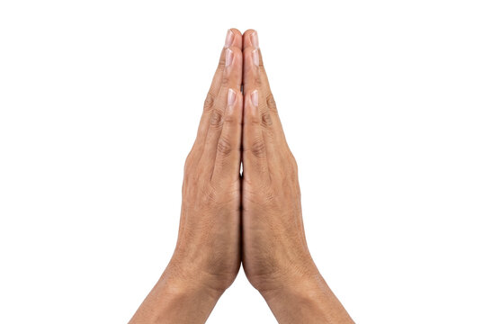 Two hands pressed together in a praying or greeting gesture