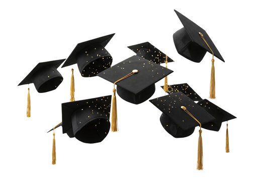 Flying graduation caps with golden tassels and magical sparkles