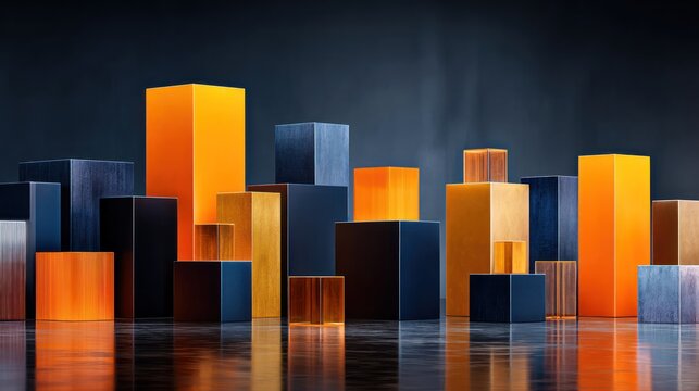 Abstract arrangement of glowing orange and dark blue rectangular prisms forms a conceptual cityscape.