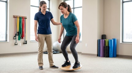 Fototapeta premium Physical therapist assisting a middle aged woman with balance exercises on a wooden wobble board in a clinic