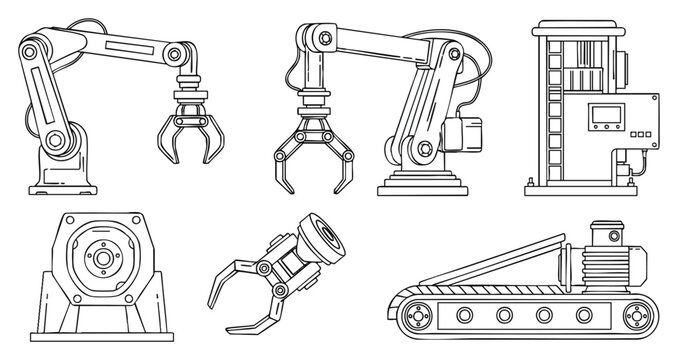 Minimalist robotic arm icons with clean outline illustrations of conveyor belts, mechanical claws, and control panels representing modern automation, ideal for engineering schematics and tech website