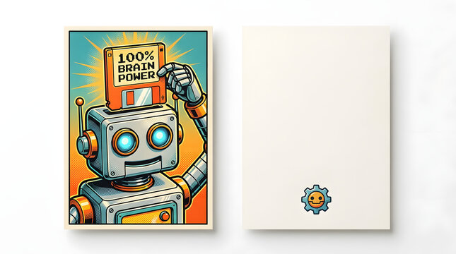 Retro comic book style greeting card mockup with a cute robot inserting a floppy disk into its head, next to a blank matching card with a gear icon. Creative technology concept.