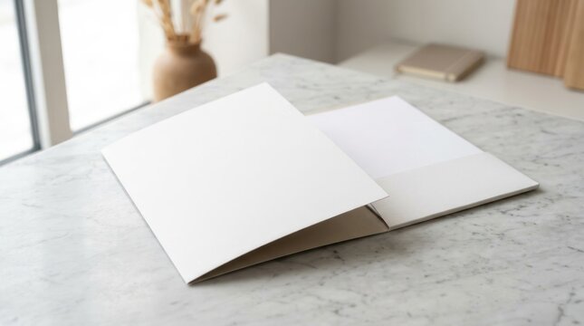 Blank brochure or folder open on a textured surface with natural light