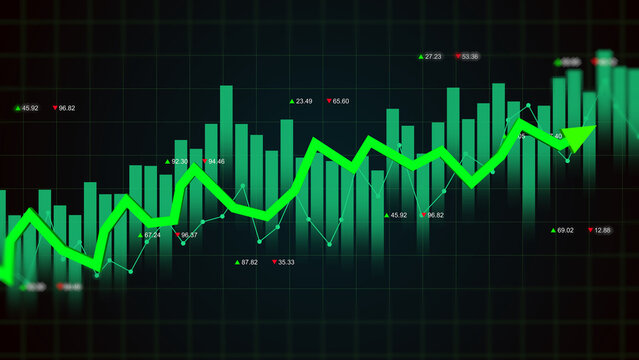 Green arrow rising uptrend on stock market exchange display show financial growth volume bar and number price, business profit, value increase, and investment report concept