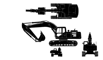 Industrial diesel excavator silhouette blueprint set with side top and front views vector illustration © Md Humaun