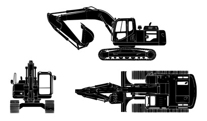 Hydraulic excavator black silhouette set front side and top view industrial blueprint vector illustration © Md Humaun