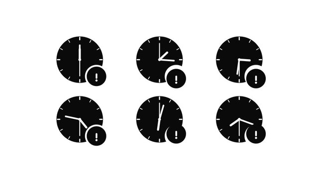 Animated clock with exclamation mark warning symbols for time management and deadlines animation