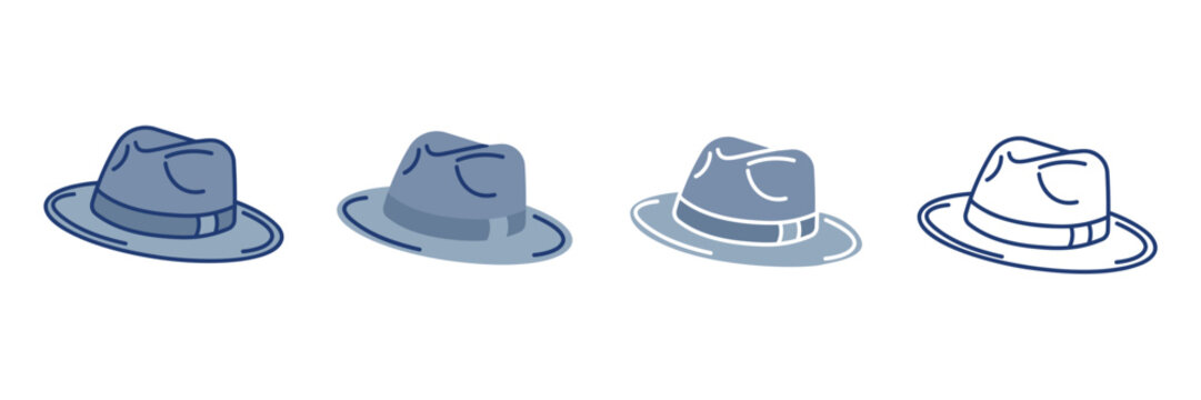 Classic Fedora Hat Icon Set in Flat, Line Art, and Solid Glyph Styles for Vintage Fashion Menswear and Detective Graphic Design
