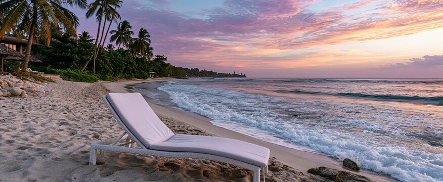 Modern beach chair set against colorful sunset, tropical palms, and gentle ocean waves on a sandy shore.
