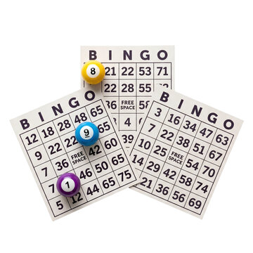Three bingo cards with numbered colorful lottery balls