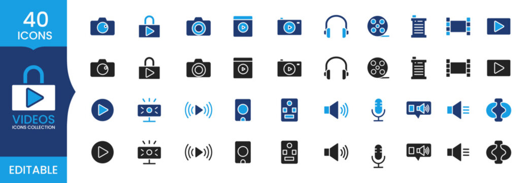 Video Media Icons Set, Multimedia Play Button Camera Audio Film Editable Vector Collection, Flat UI Icons Pack