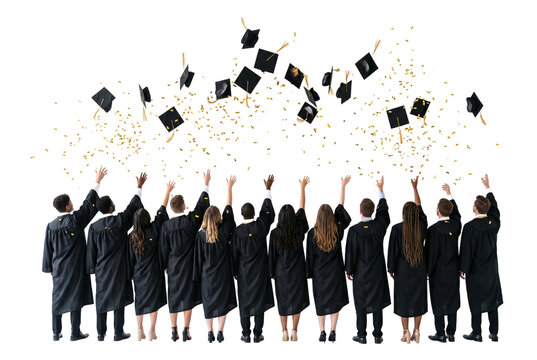 Diverse graduating students throwing caps with golden confetti falling
