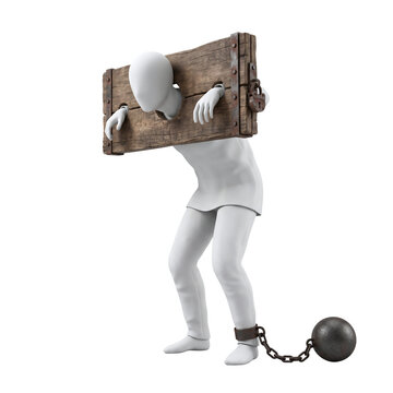 Faceless figure locked in wooden pillory with ball and chain