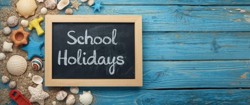 wood framed chalkboard with school holidays message on rustic blue wooden backdrop surrounded by seashells and beach toys on sand
