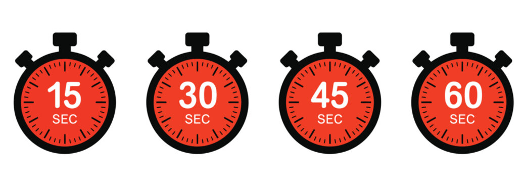 Set of stopwatch timer icons with 15, 30, 45, and 60 seconds duration for time management