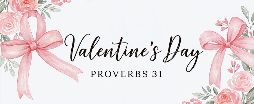 Elegant pink ribbon with Proverbs 31 message and delicate floral accents for faith-inspired Valentine's Day gifts.